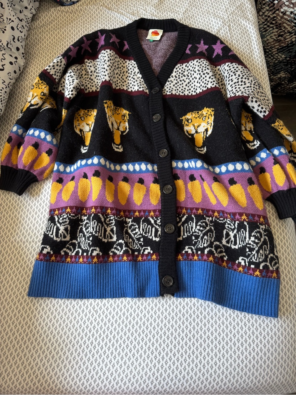 Oversized Farm Rio Womens Multicolor Patterned Button-Front Cardigan Sweater